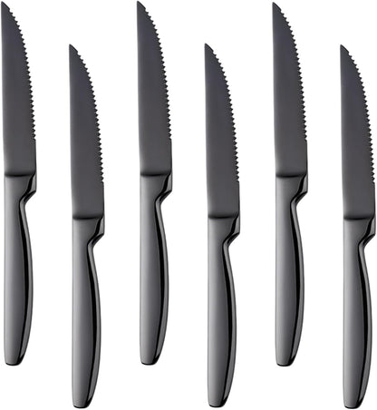 Black Steak Knife Sets, 6-Pieces Stainless Steel Kitchen Steak Knives-Easy to Clean and Non-Stick, 8.6 Inch, Dishwasher Safe