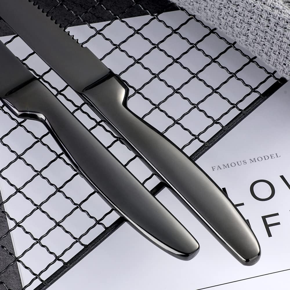 Black Steak Knife Sets, 6-Pieces Stainless Steel Kitchen Steak Knives-Easy to Clean and Non-Stick, 8.6 Inch, Dishwasher Safe
