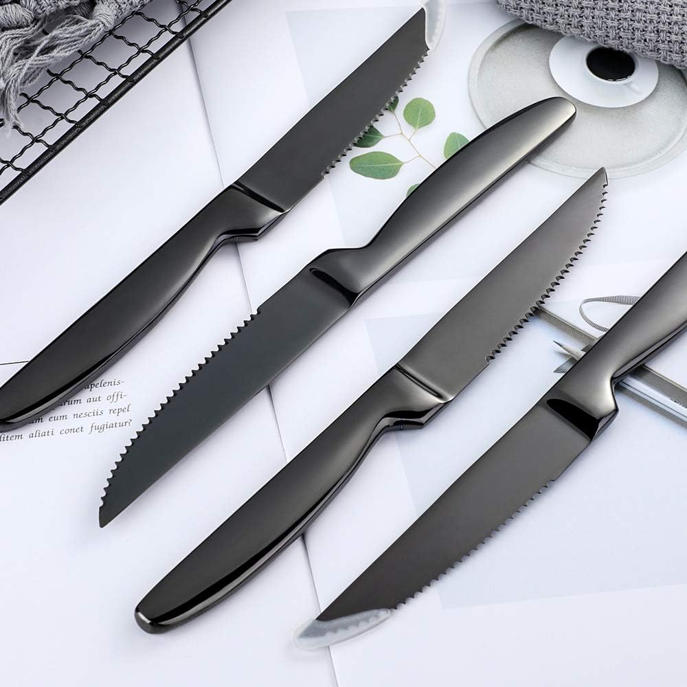 Black Steak Knife Sets, 6-Pieces Stainless Steel Kitchen Steak Knives-Easy to Clean and Non-Stick, 8.6 Inch, Dishwasher Safe