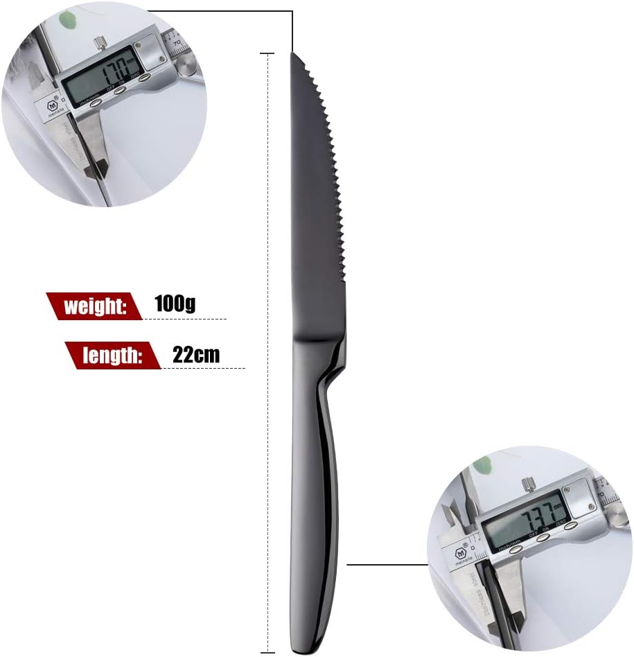 Black Steak Knife Sets, 6-Pieces Stainless Steel Kitchen Steak Knives-Easy to Clean and Non-Stick, 8.6 Inch, Dishwasher Safe