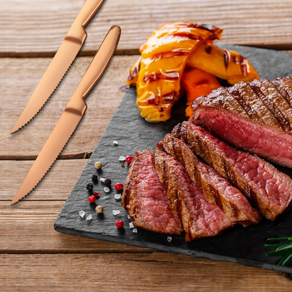 Black Steak Knife Sets, 6-Pieces Stainless Steel Kitchen Steak Knives-Easy to Clean and Non-Stick, 8.6 Inch, Dishwasher Safe