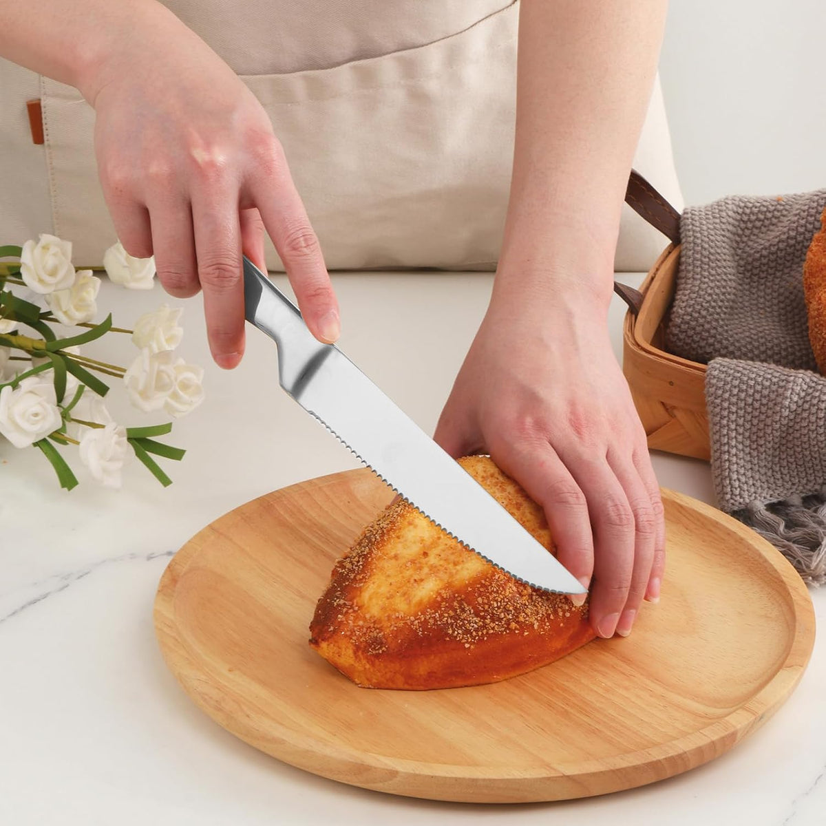 Black Steak Knife Sets, 6-Pieces Stainless Steel Kitchen Steak Knives-Easy to Clean and Non-Stick, 8.6 Inch, Dishwasher Safe