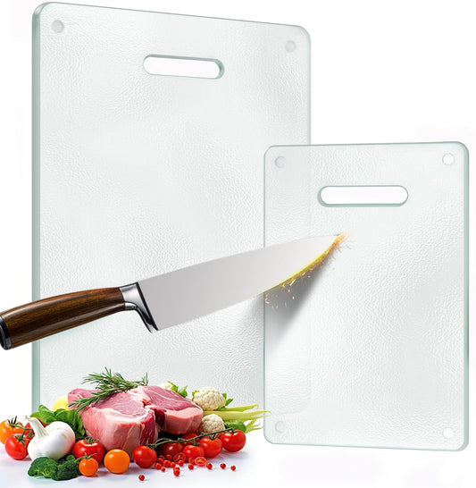Tempered Glass Cutting Board for Kitchen, 2PCS Clear Chopping Board with Handle (16"x12" & 12"x8"), Plastic Free, Scratch Resistant, Heat Resistant, Dishwasher Safe, Non-toxic, Easy to Clean