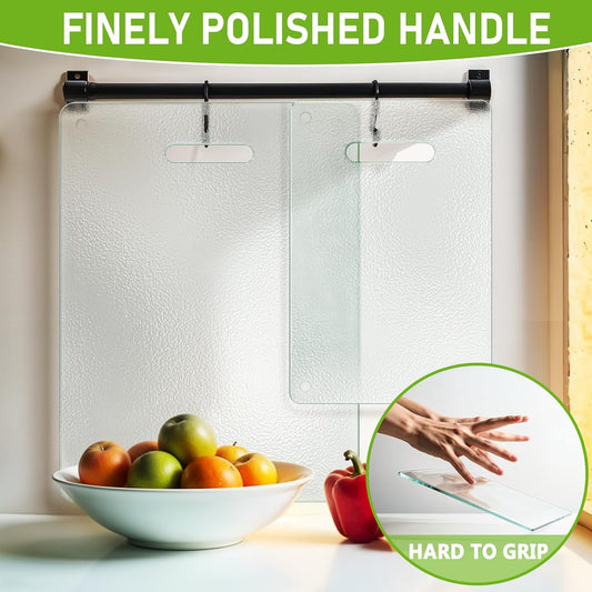 Tempered Glass Cutting Board for Kitchen, 2PCS Clear Chopping Board with Handle (16"x12" & 12"x8"), Plastic Free, Scratch Resistant, Heat Resistant, Dishwasher Safe, Non-toxic, Easy to Clean