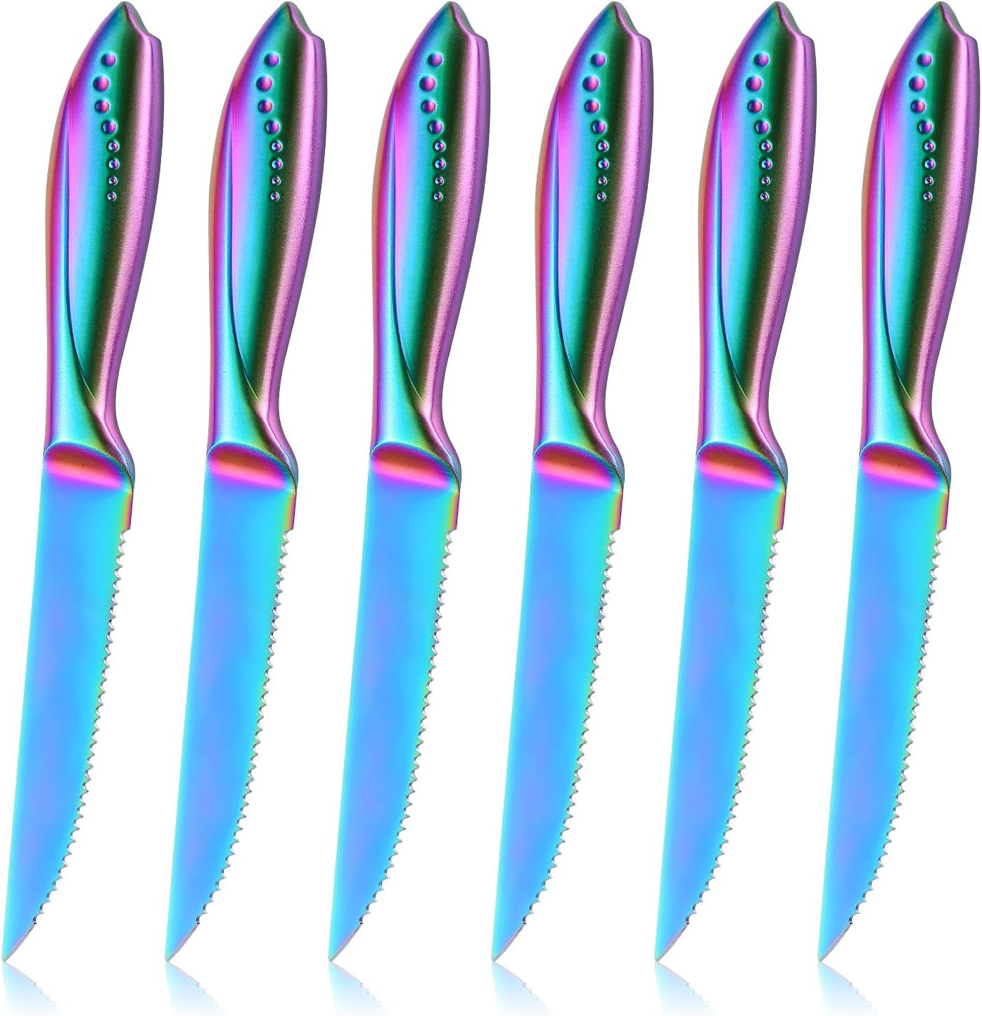 Rainbow Serrated Steak Knife Set of 6, Razor Sharp German Steel Blade 4.75 inch and Comfortable Stainless Steel Hollow Handle with Titanium Coated Dinner Table Knives Set for Home Restaurant
