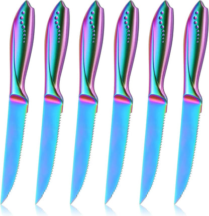 Rainbow Serrated Steak Knife Set of 6, Razor Sharp German Steel Blade 4.75 inch and Comfortable Stainless Steel Hollow Handle with Titanium Coated Dinner Table Knives Set for Home Restaurant
