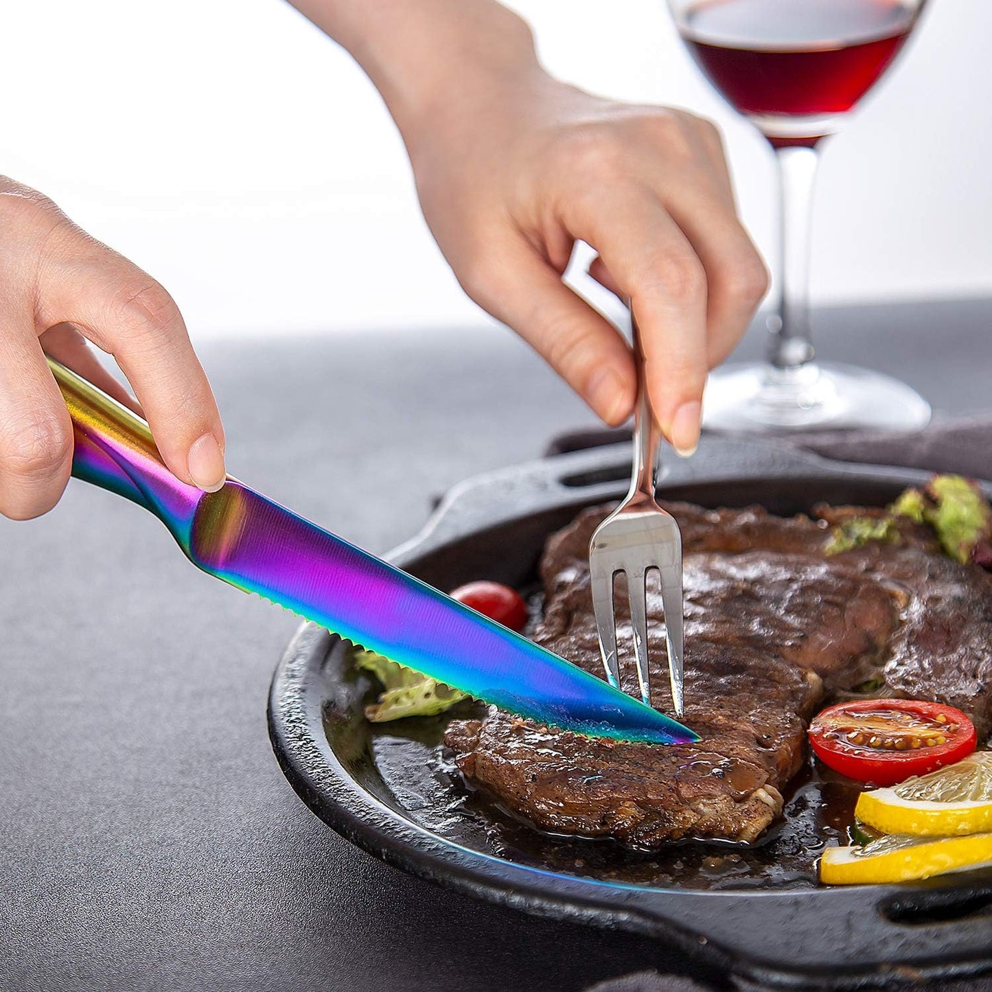 Rainbow Serrated Steak Knife Set of 6, Razor Sharp German Steel Blade 4.75 inch and Comfortable Stainless Steel Hollow Handle with Titanium Coated Dinner Table Knives Set for Home Restaurant