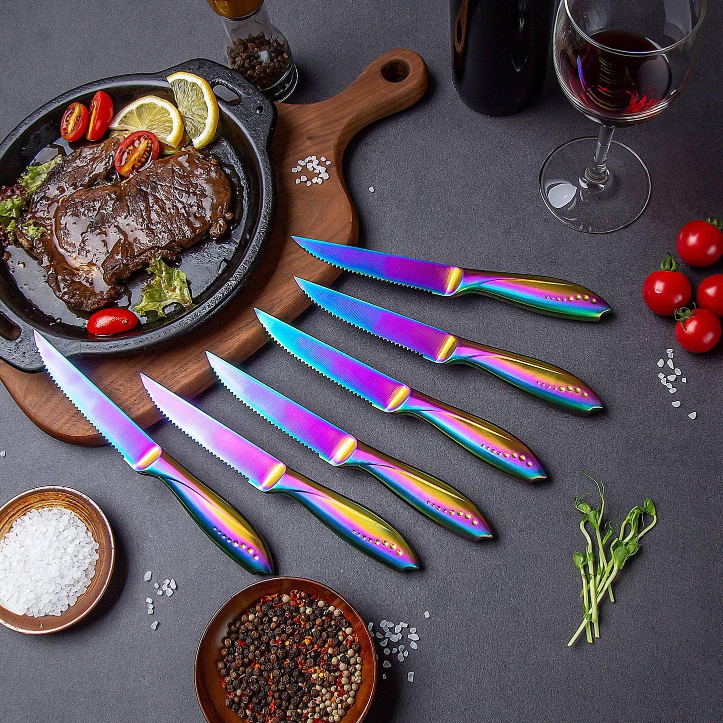 Rainbow Serrated Steak Knife Set of 6, Razor Sharp German Steel Blade 4.75 inch and Comfortable Stainless Steel Hollow Handle with Titanium Coated Dinner Table Knives Set for Home Restaurant