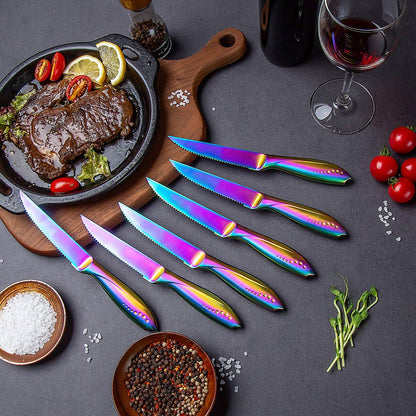 Rainbow Serrated Steak Knife Set of 6, Razor Sharp German Steel Blade 4.75 inch and Comfortable Stainless Steel Hollow Handle with Titanium Coated Dinner Table Knives Set for Home Restaurant