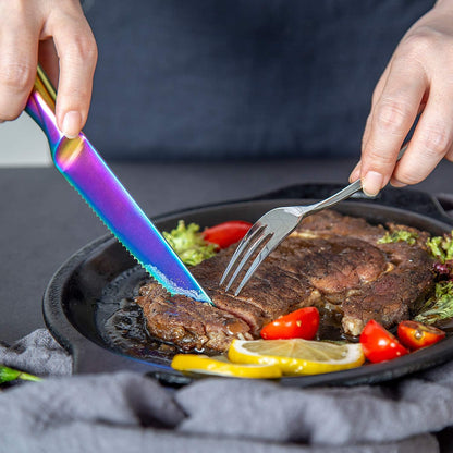 Rainbow Serrated Steak Knife Set of 6, Razor Sharp German Steel Blade 4.75 inch and Comfortable Stainless Steel Hollow Handle with Titanium Coated Dinner Table Knives Set for Home Restaurant