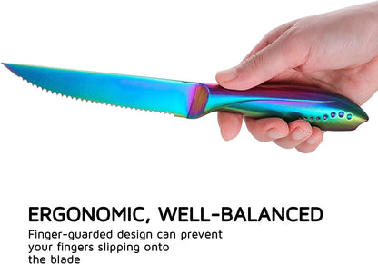 Rainbow Serrated Steak Knife Set of 6, Razor Sharp German Steel Blade 4.75 inch and Comfortable Stainless Steel Hollow Handle with Titanium Coated Dinner Table Knives Set for Home Restaurant