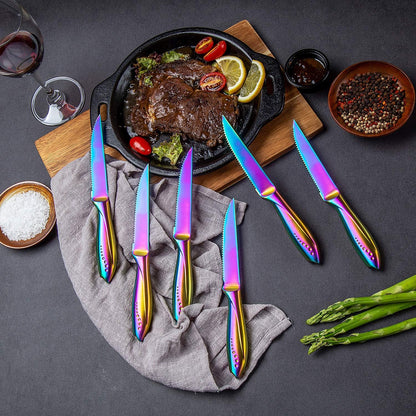 Rainbow Serrated Steak Knife Set of 6, Razor Sharp German Steel Blade 4.75 inch and Comfortable Stainless Steel Hollow Handle with Titanium Coated Dinner Table Knives Set for Home Restaurant