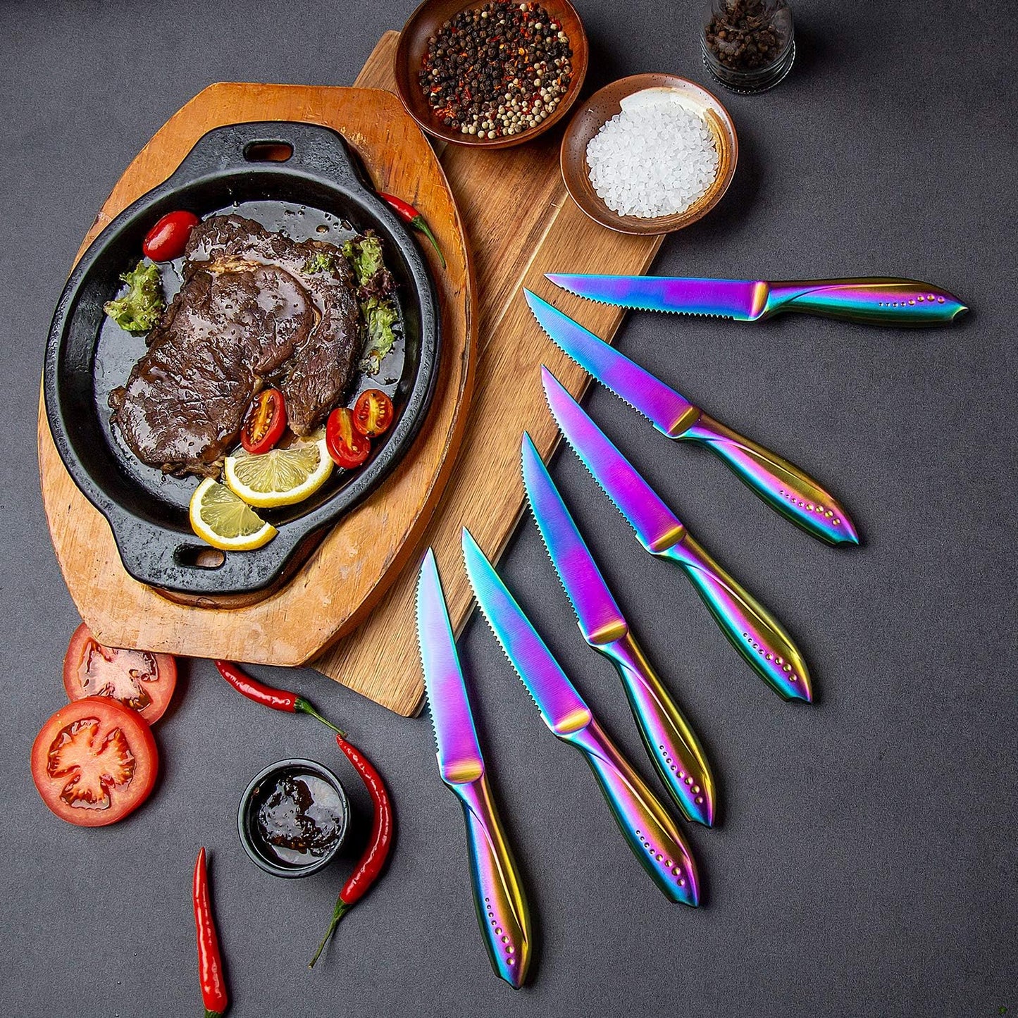 Rainbow Serrated Steak Knife Set of 6, Razor Sharp German Steel Blade 4.75 inch and Comfortable Stainless Steel Hollow Handle with Titanium Coated Dinner Table Knives Set for Home Restaurant