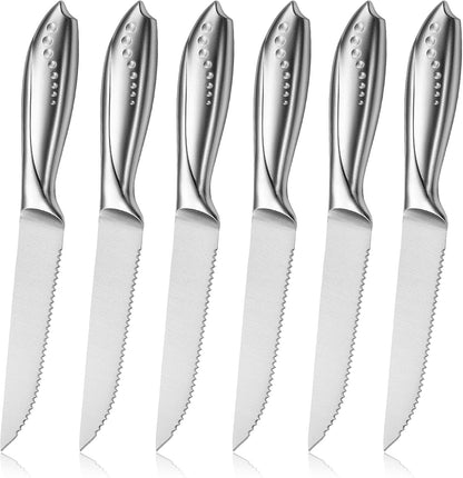 Rainbow Serrated Steak Knife Set of 6, Razor Sharp German Steel Blade 4.75 inch and Comfortable Stainless Steel Hollow Handle with Titanium Coated Dinner Table Knives Set for Home Restaurant