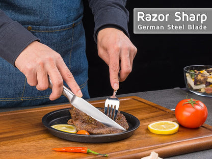 Rainbow Serrated Steak Knife Set of 6, Razor Sharp German Steel Blade 4.75 inch and Comfortable Stainless Steel Hollow Handle with Titanium Coated Dinner Table Knives Set for Home Restaurant