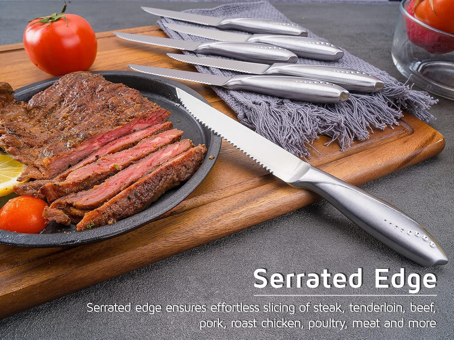 Rainbow Serrated Steak Knife Set of 6, Razor Sharp German Steel Blade 4.75 inch and Comfortable Stainless Steel Hollow Handle with Titanium Coated Dinner Table Knives Set for Home Restaurant