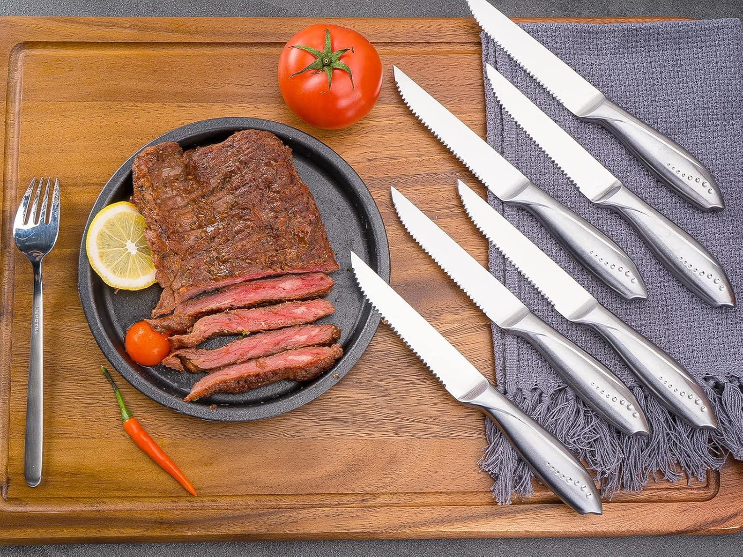 Rainbow Serrated Steak Knife Set of 6, Razor Sharp German Steel Blade 4.75 inch and Comfortable Stainless Steel Hollow Handle with Titanium Coated Dinner Table Knives Set for Home Restaurant