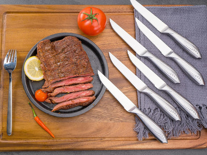 Rainbow Serrated Steak Knife Set of 6, Razor Sharp German Steel Blade 4.75 inch and Comfortable Stainless Steel Hollow Handle with Titanium Coated Dinner Table Knives Set for Home Restaurant