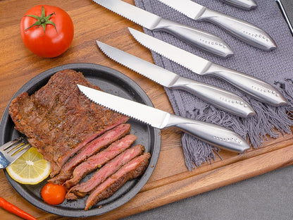 Rainbow Serrated Steak Knife Set of 6, Razor Sharp German Steel Blade 4.75 inch and Comfortable Stainless Steel Hollow Handle with Titanium Coated Dinner Table Knives Set for Home Restaurant
