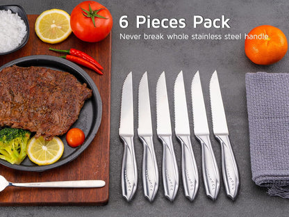 Rainbow Serrated Steak Knife Set of 6, Razor Sharp German Steel Blade 4.75 inch and Comfortable Stainless Steel Hollow Handle with Titanium Coated Dinner Table Knives Set for Home Restaurant