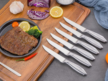 Rainbow Serrated Steak Knife Set of 6, Razor Sharp German Steel Blade 4.75 inch and Comfortable Stainless Steel Hollow Handle with Titanium Coated Dinner Table Knives Set for Home Restaurant