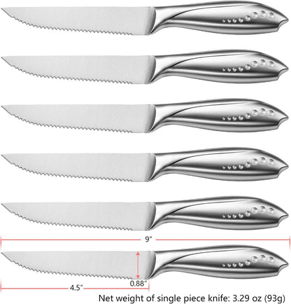 Rainbow Serrated Steak Knife Set of 6, Razor Sharp German Steel Blade 4.75 inch and Comfortable Stainless Steel Hollow Handle with Titanium Coated Dinner Table Knives Set for Home Restaurant