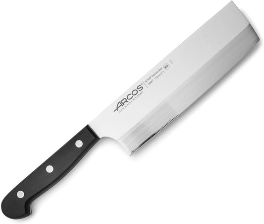 Arcos Usuba Knife 7 Inch Nitrum Stainless Steel and 175 mm Blade. Very useful utensil for professional peeling and chopping of vegetables. Polyoxymethylene (POM) handle. Series Universal. Color Black