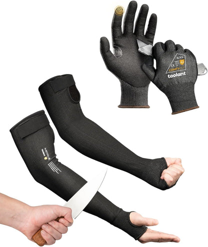 Metal Q Cut Resistant Set, ANSI A4 Cut Resistant Work Gloves with Grip and Ultra Thin & Cut Resistant Sleeves for Thin Skin, Gardening, Pet Grooming