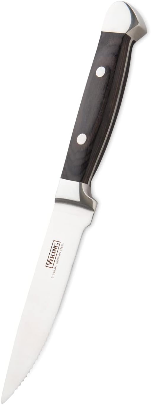 Viking Steak Knife Set, 6-Piece German Stainless Steel Knives with Pakkawood Handles and Wooden Box, Hand Wash Only, Red