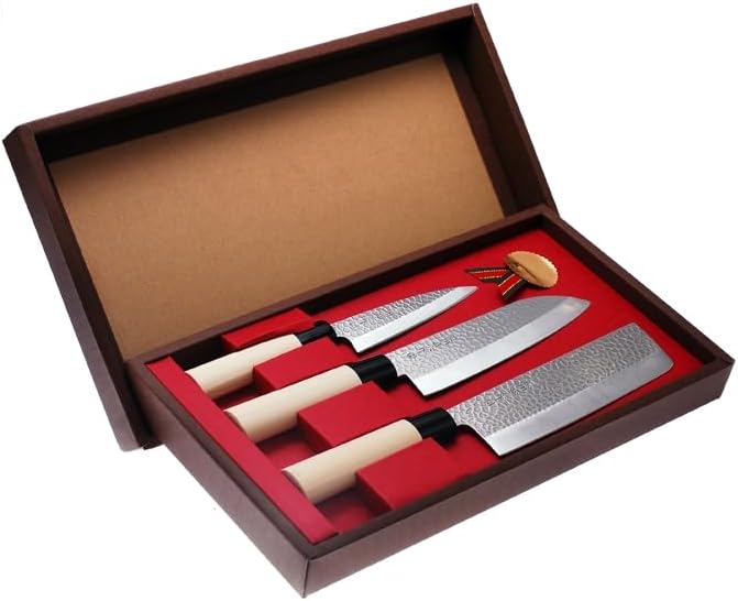 3-Piece Japanese Knife Set | 170mm Santoku, 170mm Nakiri, 120mm Deba | Tsuchime Hammered Finish | Authentic Made in Japan | Gift Box Included