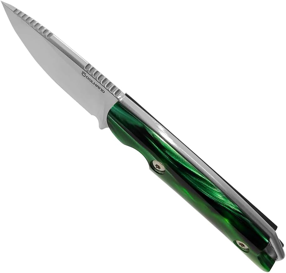 Cool Hand 5.98" Knife with Leather Sheath, Full Tang Compact Horizontal Carry Knife, Leather Belt Loop Sheath with Buckle, Outdoors Drop Point 440C Fixed Blade, Ram Horn Handle