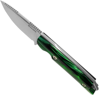 Cool Hand 5.98" Knife with Leather Sheath, Full Tang Compact Horizontal Carry Knife, Leather Belt Loop Sheath with Buckle, Outdoors Drop Point 440C Fixed Blade, Ram Horn Handle