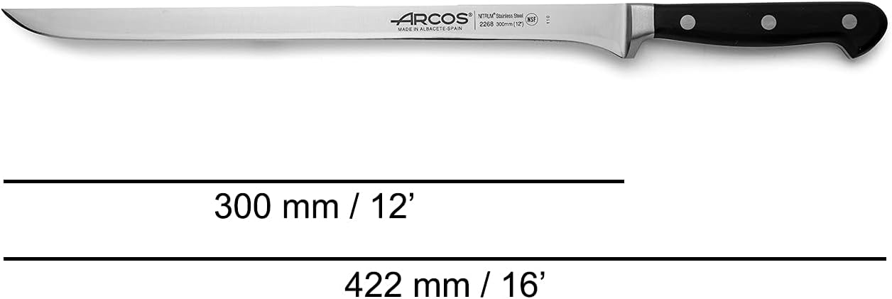 Arcos Carving Knife 12 Inch Stainless Steel. Ham Slicer Knife to Cut Ham and Meat. Ergonomic Polyoxymethylene Black Handle and 300mm Blade. Ópera Series