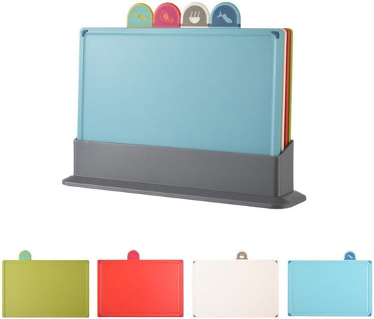 generic Chopping Board Set, Index Plastic Cutting Boards with Food Icon, Set of 4 Coloured Chopping Mats with Storage Stand for Kitchen Meat Fish Vegetables (Blue Chopping Board Set), 23.5cm x 30cm