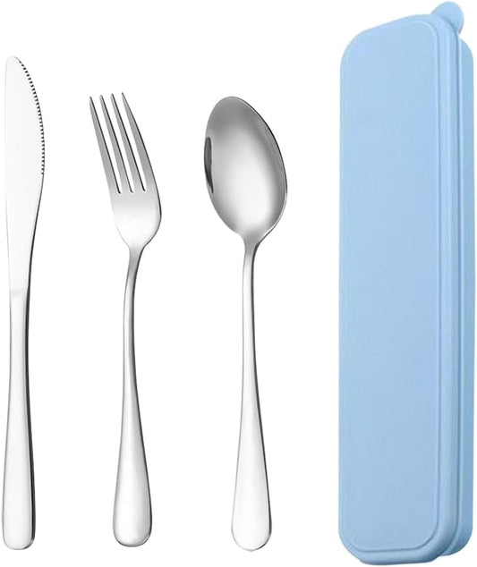 GSHLLO Stainless Steel Travel Utensils Set Camping Fork Spoon Knife Set Portable Reusable Utensils Set Camping Cutlery Set Work Flatware with Case for Outdoor Blue