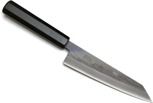 Yoshihiro Kurouchi Black-Forged High Carbon Blue Steel Stainless Clad Petty-Kiritsuke Utility Knife Ebony Handle (6" (150mm) & No Saya)