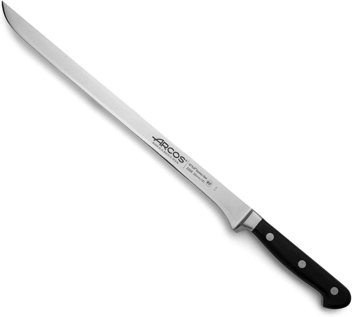 Arcos Carving Knife 12 Inch Stainless Steel. Ham Slicer Knife to Cut Ham and Meat. Ergonomic Polyoxymethylene Black Handle and 300mm Blade. Ópera Series