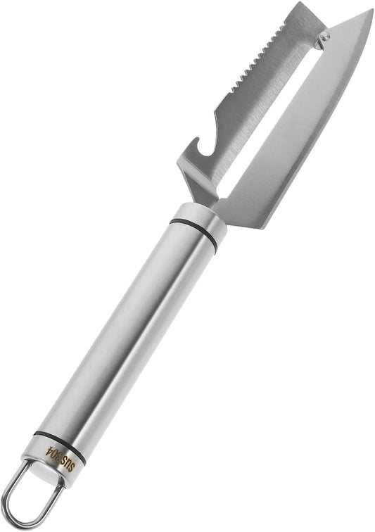 BESTonZON Multifunction Stainless Steel Peeler Knife 9.44 Inch with Fish Scale Scraper Bottle Opener for Fruit Vegetable Preparation Kitchen Gadget