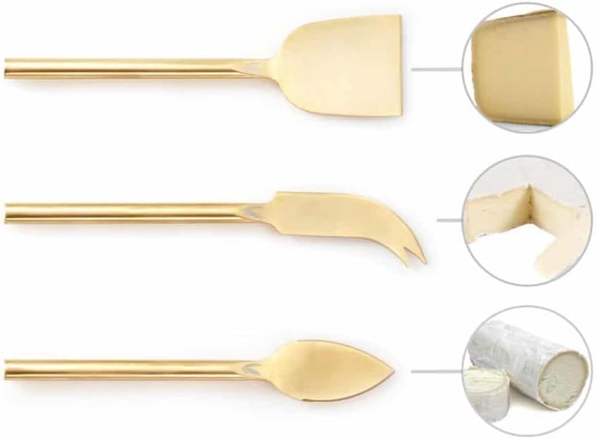 Long Handle Gold Cheese Knife Set of 3 Beautiful Appetizers n Charcuterie Utensils Pronged n Flat & Parmesan Knives