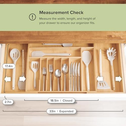 KitchenEdge Premium Silverware, Flatware and Utensil Organizer for Kitchen Drawers, Food-Safe Contract Grade, Expandable from 18 to 33 In, Gray Bamboo