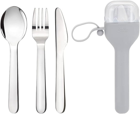 Sophico Travel Utensils Set for Camping and Kids Lunch Box, Stainless Steel Fork and Spoon, Knife Silverware Flatware Sets with Silicone Case - Portable & Leak-proof, Dishwasher Safe (Pink, 1 Set)