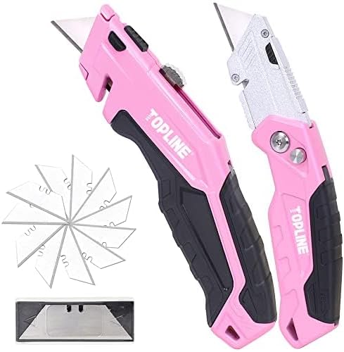 TOPLINE 2-Pack Pink Utility Knife Set, Retractable Pink Box Cutter and Pocket Folding Utility Knife, Blade Storage Design, 18-Piece SK5 Blades and a Dispenser Included