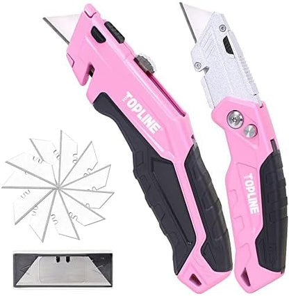 TOPLINE 2-Pack Pink Utility Knife Set, Retractable Pink Box Cutter and Pocket Folding Utility Knife, Blade Storage Design, 18-Piece SK5 Blades and a Dispenser Included