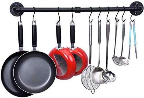 WuGeShop 50.4 inch Hanging Pot Rack Wall Mounted Pot Pans Hanging Rail, Industrial Long Pot Pan Bar With 15 S Hooks, Black Pot Hangers Kitchen Pot and Pan Hanging Rack