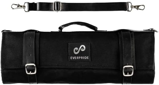 EVERPRIDE Waxed Canvas and Genuine Leather Trim Chef Knife Roll Bag Holds 12 Knives and Cooking Tools – Durable, Large Knife Case – Elegant Chef Bag for Professional Cooks and Students