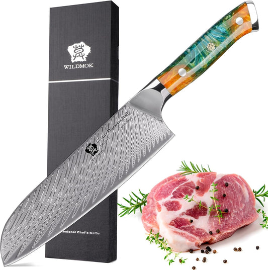 Santoku Knife 7 Inch kitchen knife, Ultra Sharp with Japanese Damascus Forged Santoku Knife, Ergonomic Resin Handle, cooking gifts with gift box