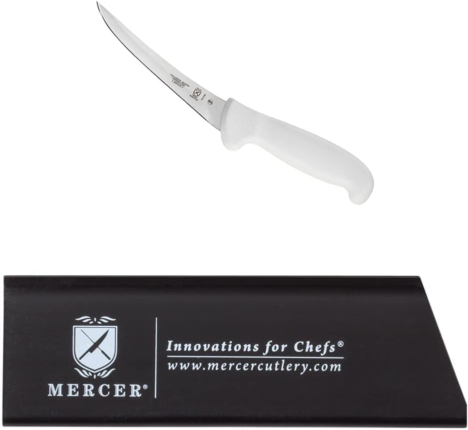 Mercer Culinary Ultimate White 6 inch Curved Boning Knife and Knife Guard