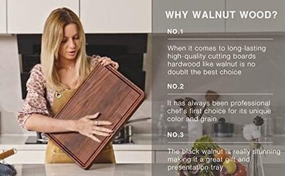AZRHOM Large End Grain Walnut Wood Cutting Board 17x13x1.5 in Thick Butcher Block for Kitchen with Non-slip Mats Juice Groove & Handles (Gift Box)