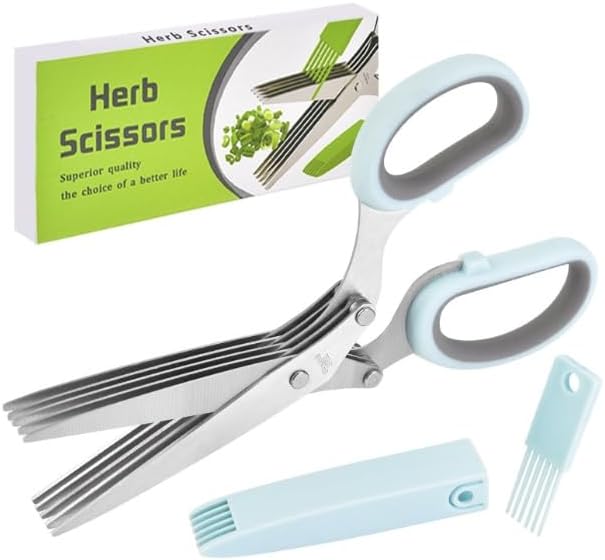 Herb Scissors with 5 Sharp Stainless Steel Blades, for Cutting Chives, Parsley, Basil and more, Includes Cleaning Comb and Safety Cover (Green)