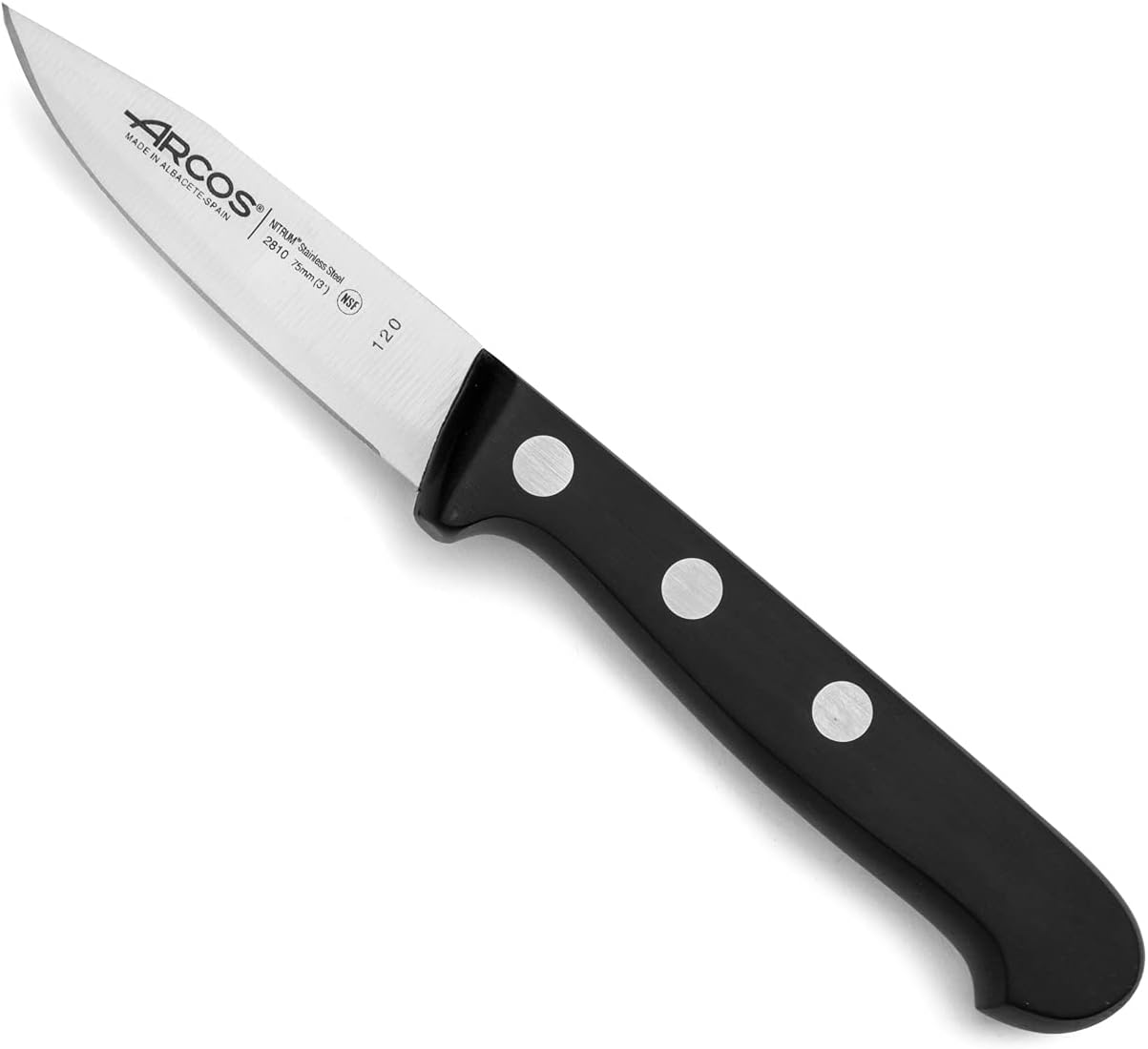 Arcos Rivet Paring Knife 3 Inch Stainless Steel. Kitchen Knife for Peeling Fruits and Vegetables. Ergonomic Polyoxymethylene Handle and 75mm Blade. Series Universal. Color Black